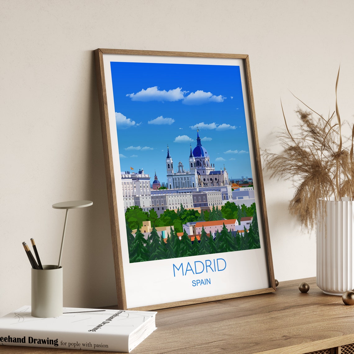 Madrid Spain Blue Dome Cathedral Old Town Skyline Travel Poster - Image 3