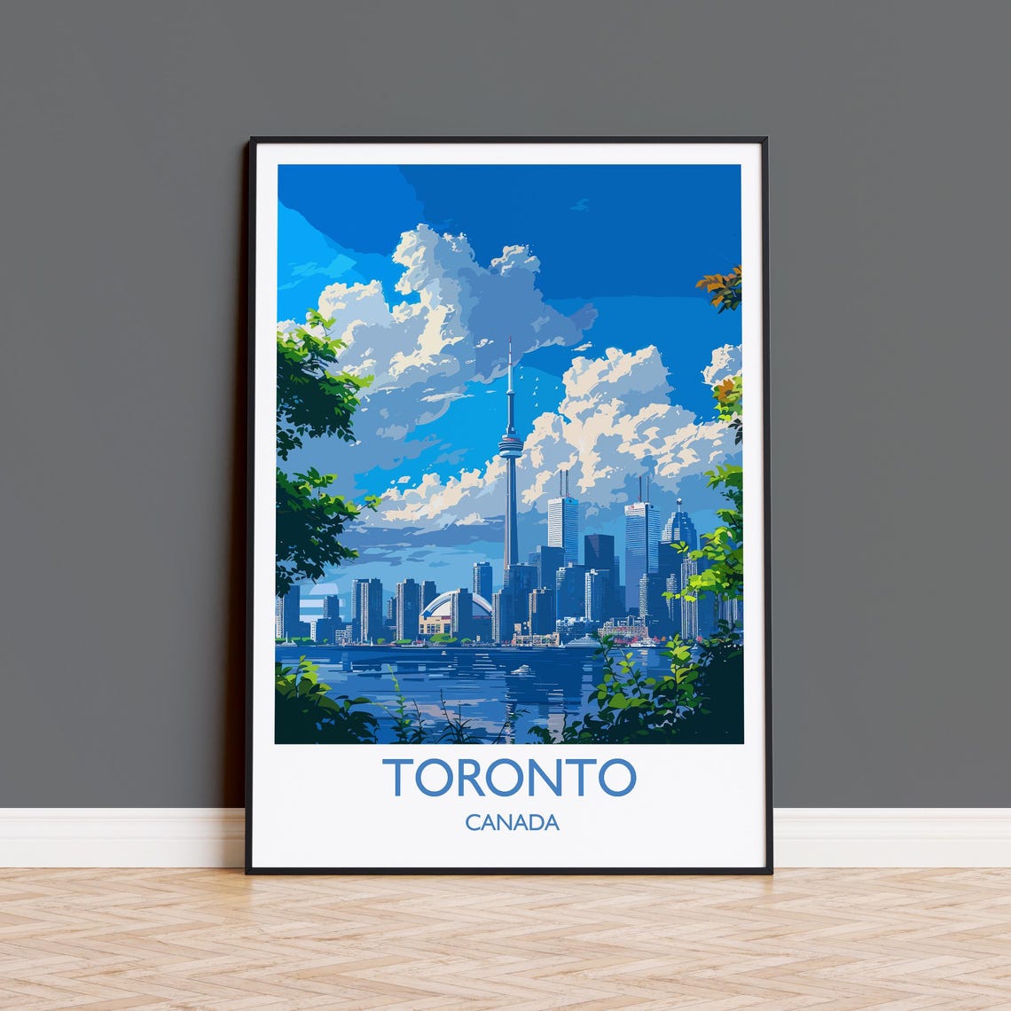 Toronto Canada CN Tower Downtown Skyline Clouds Vintage Travel Poster
