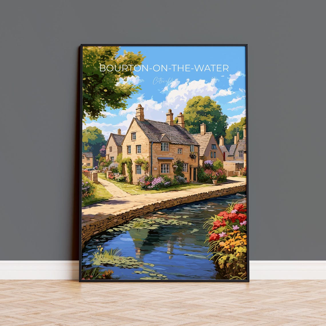 Bourton-on-the-Water Cotswolds River Stone Cottage View Poster