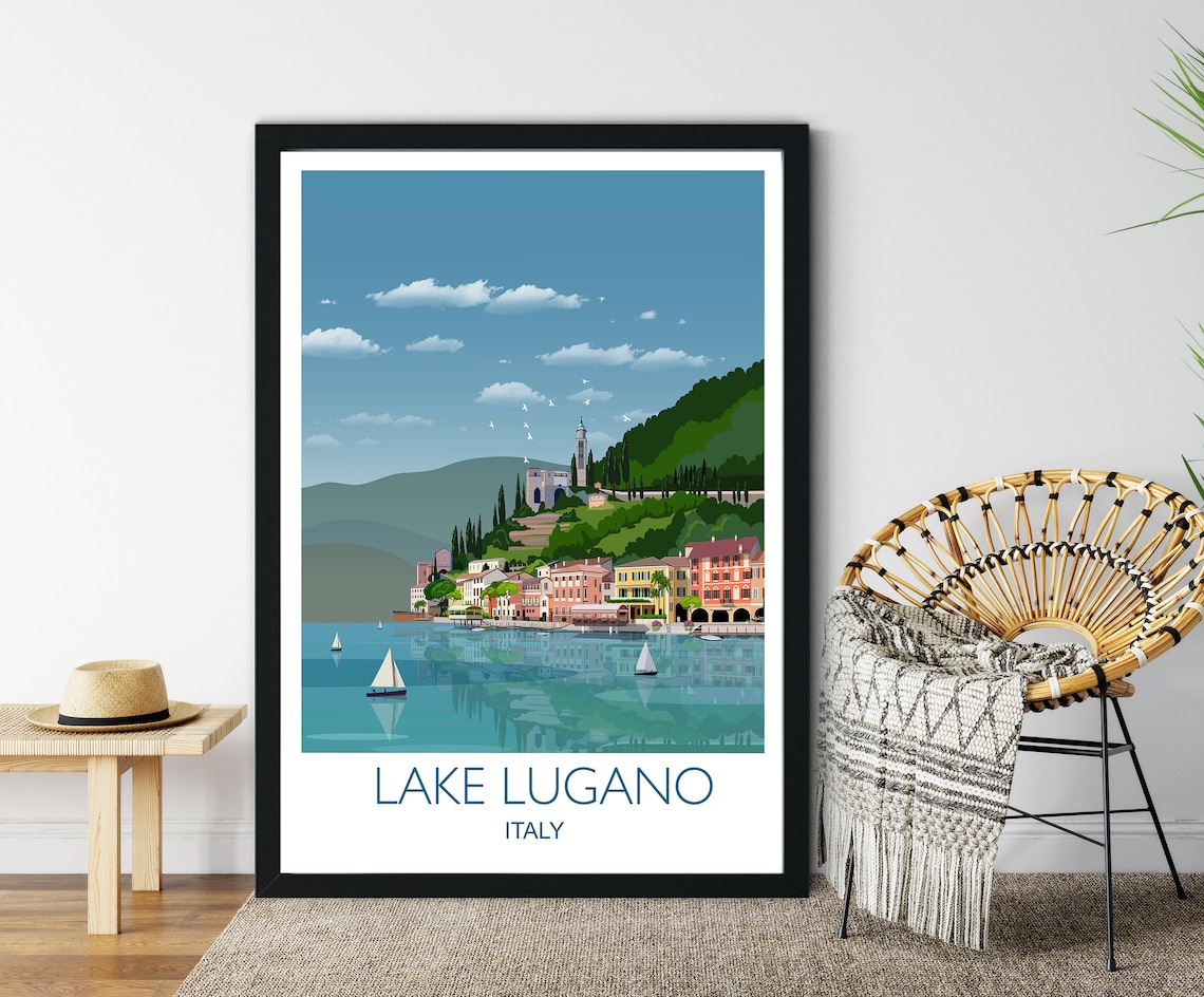 Lake Lugano Travel Poster, Italian Lakes Art Print