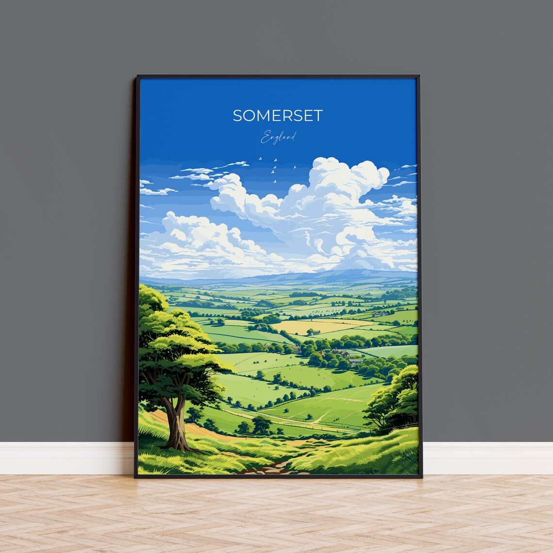 Somerset England Rolling Green Hills Countryside Travel Poster