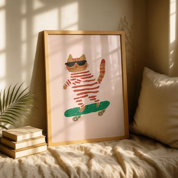 Skateboarding Cat Print Striped Fun Wall Art Quirky Animal