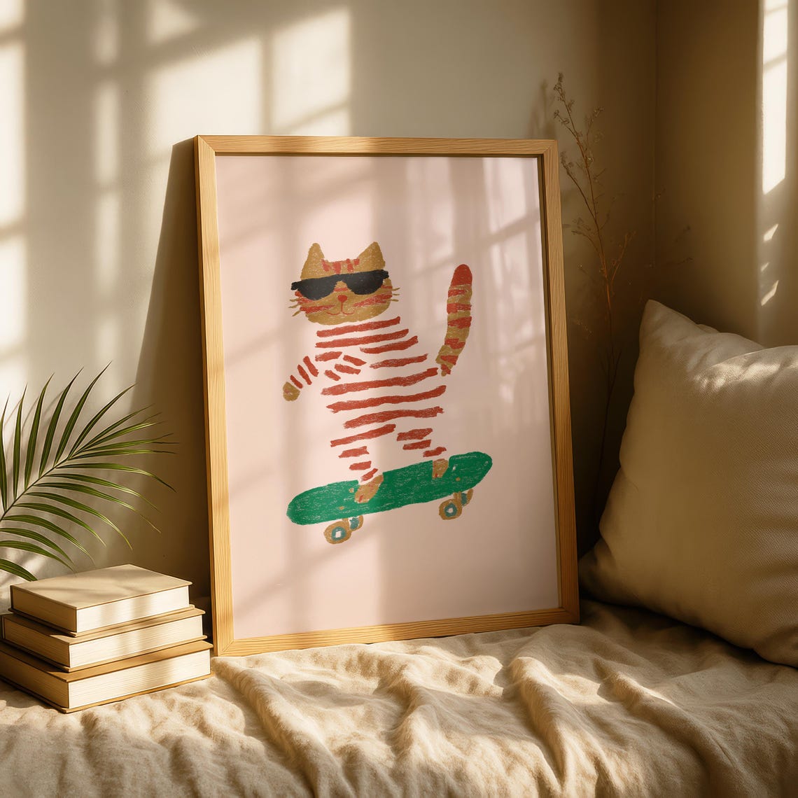Skateboarding Cat Print Striped Fun Wall Art Quirky Animal