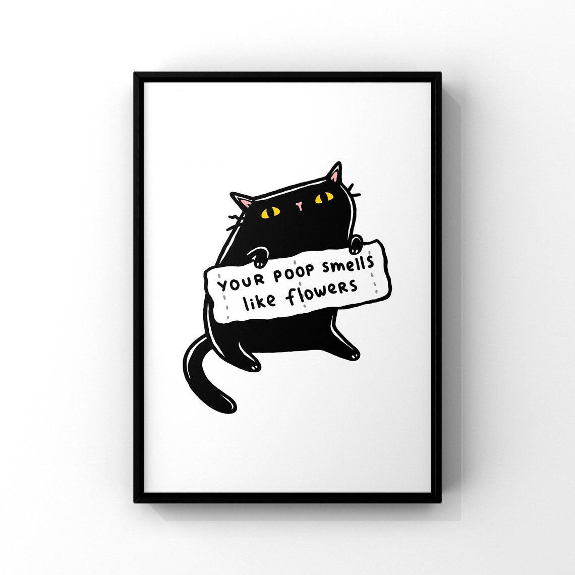 Funny Black Cat Poop Smells Like Flowers Cartoon Bathroom Wall Art