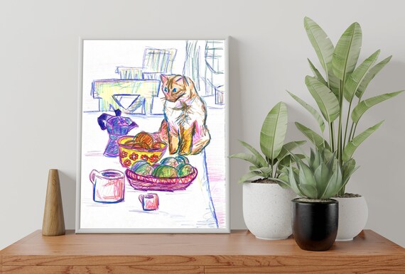 Playful Cat Sketch With Fruit Bowls Colorful Hand Drawn Kitchen Art Poster
