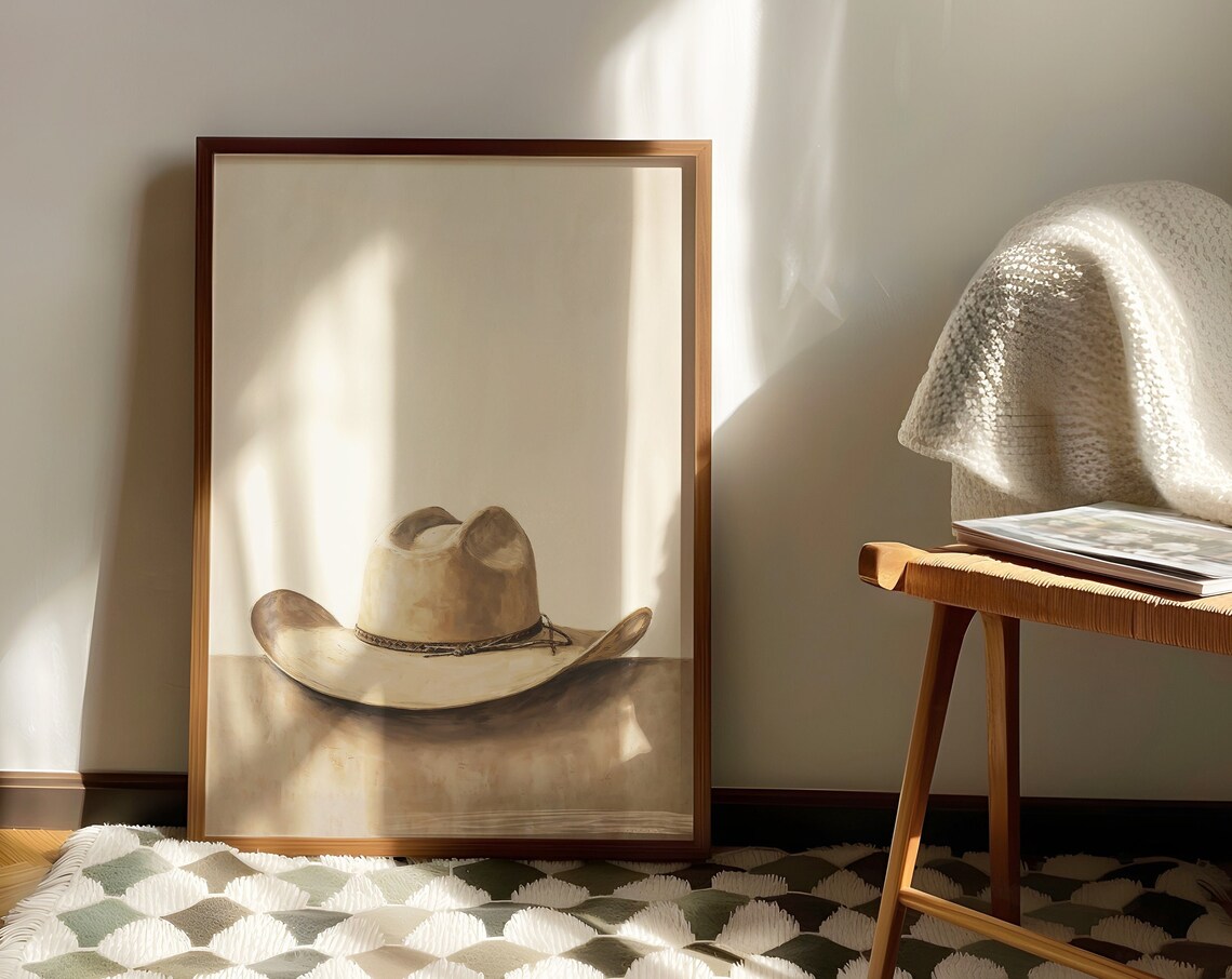 Cowboy Hat Minimalist Western Oil Painting Warm Neutral Still Life Poster - Image 3