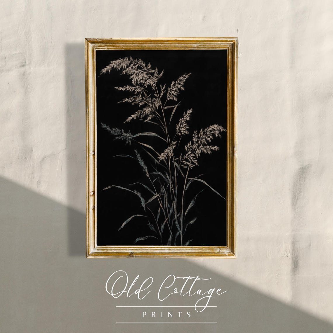 White Botanical Grasses On Black Moody Minimalist Floral Wall Art