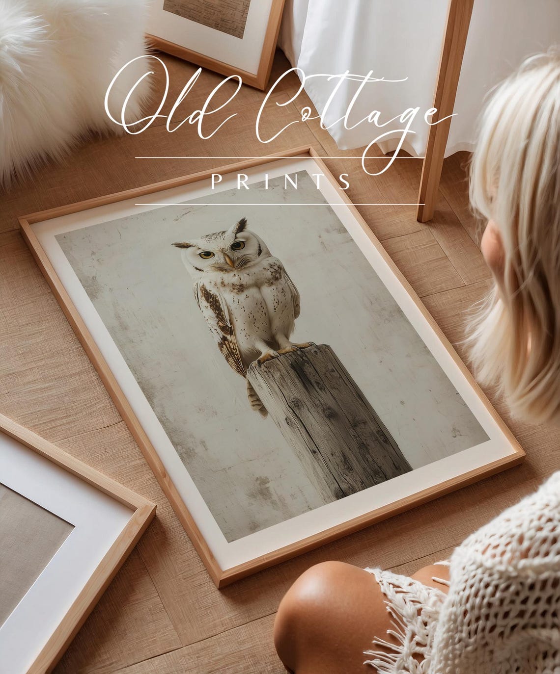 Speckled White Owl on Wooden Post Rustic Wildlife Decor Poster - Image 2