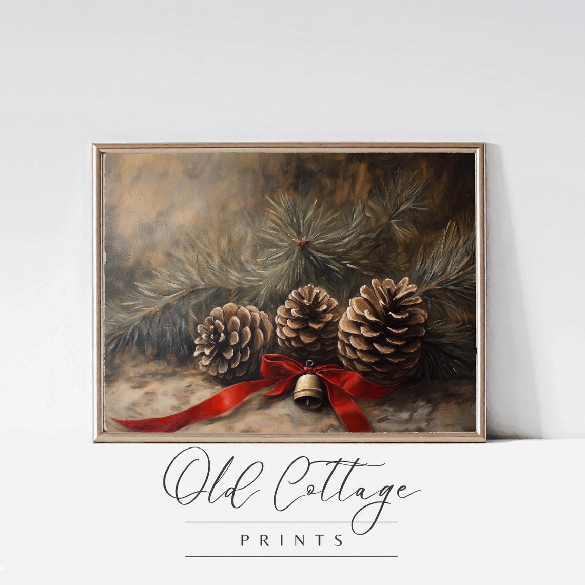 Christmas Pinecones with Red Ribbon and Bell Festive Holiday Poster