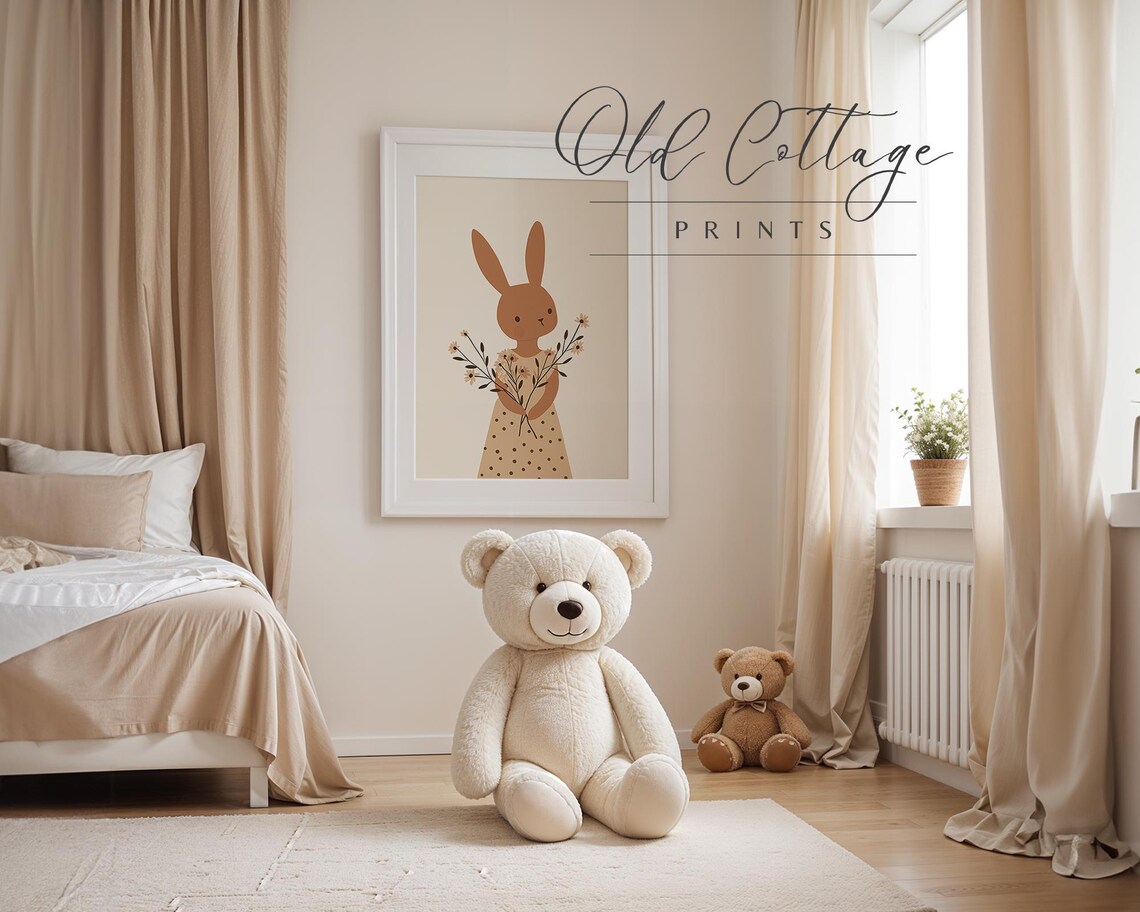 Sweet Bunny with Wildflowers Neutral Girls Room Illustration Poster - Image 2