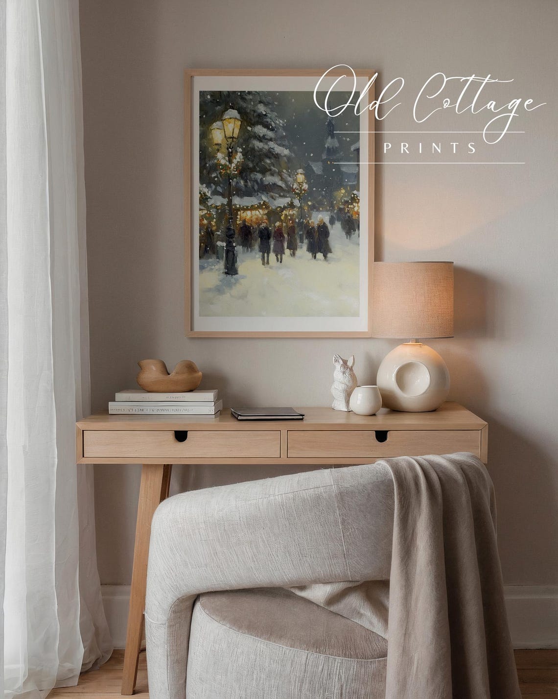 Snowy Village Market Festive Street Lamps And Stalls Midnight Holiday Scene Print Cozy Seasonal Decor - Image 2