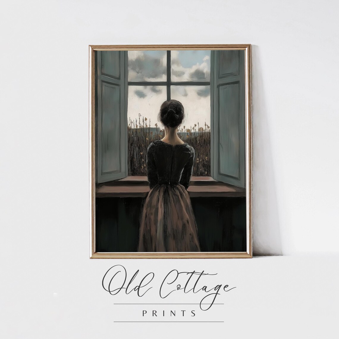 Woman at Window Gazing at Field Moody Vintage Interior Art Print