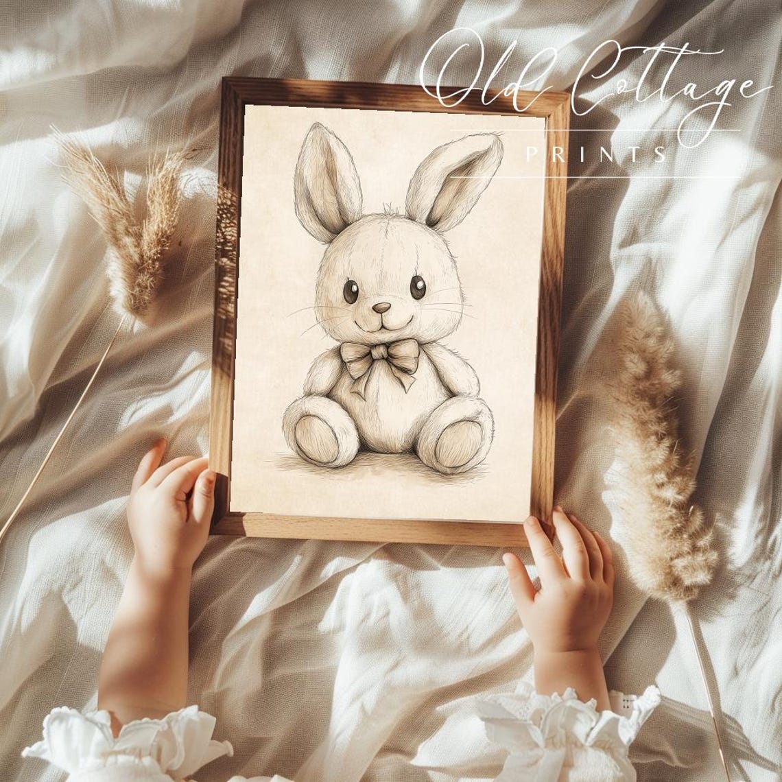 Cute Sketched Bunny with Bow Soft Beige Neutral Nursery Poster - Image 3