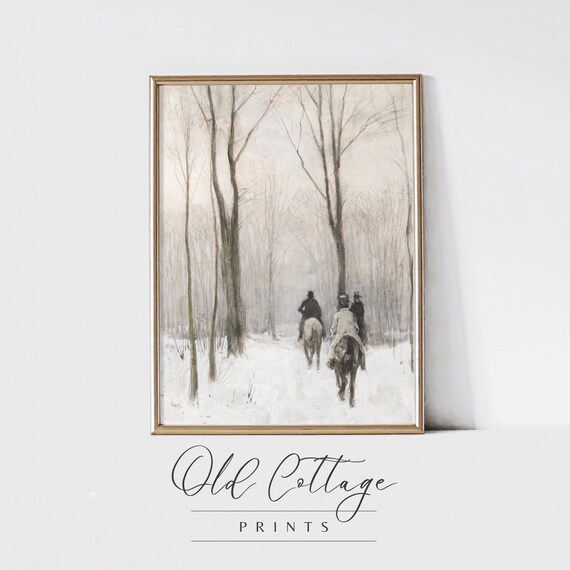 Horseback Riders in Snowy Forest Elegant Vintage Winter Art Poster