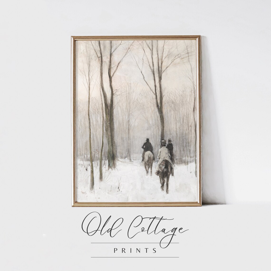 Horseback Riders in Snowy Forest Elegant Vintage Winter Art Poster