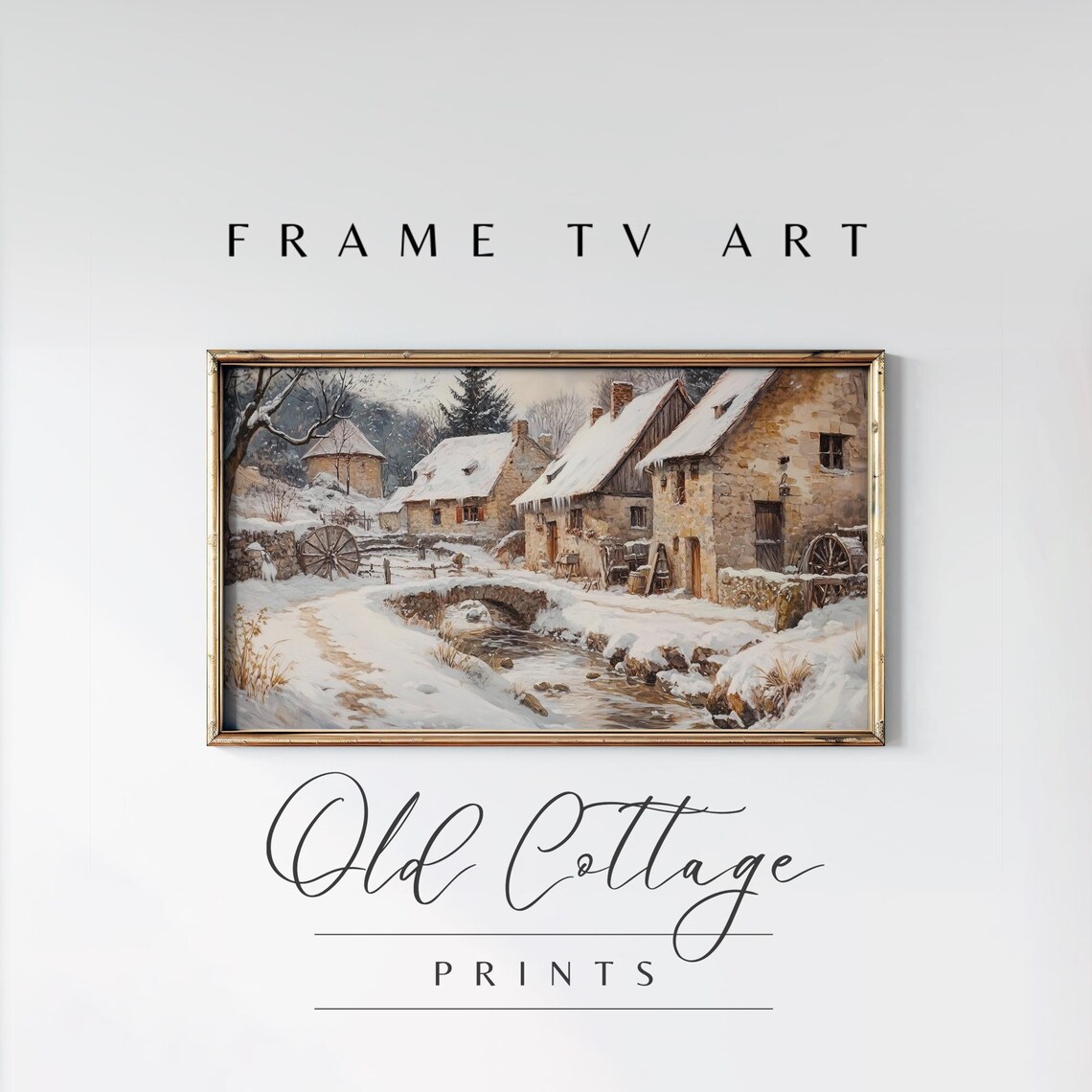 Snowy Stone Village Watermill Winter Stream Vintage Landscape Painting Poster