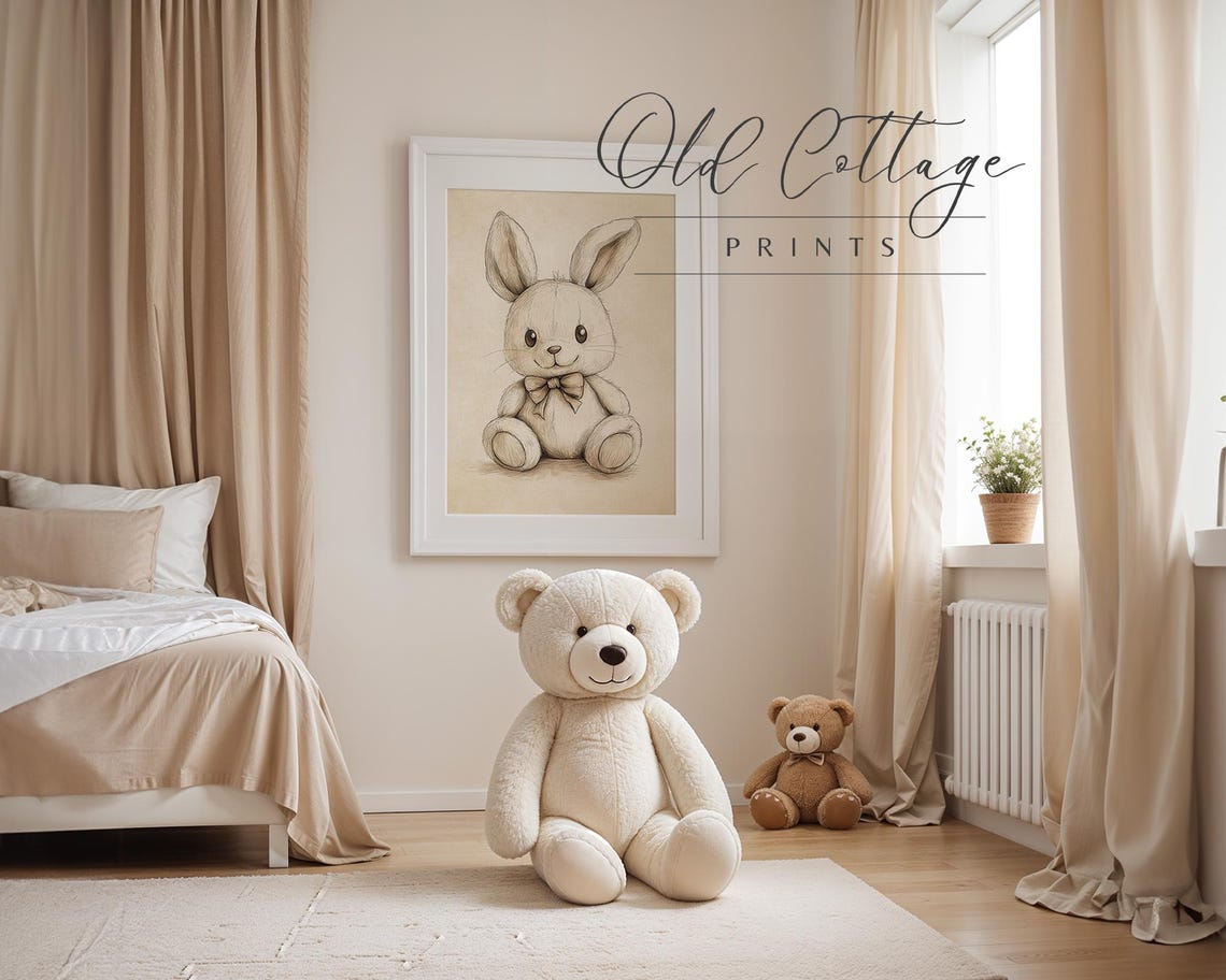 Cute Sketched Bunny with Bow Soft Beige Neutral Nursery Poster - Image 2