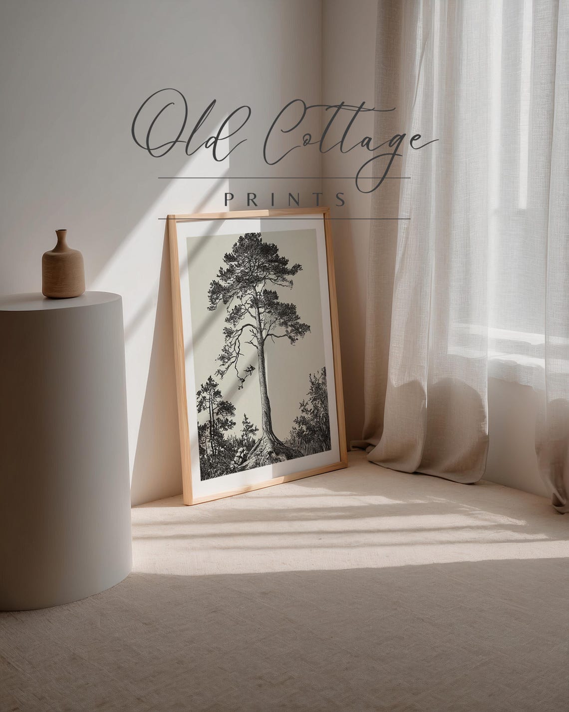 Black And White Pine Tree Illustration Detailed Tall Tree Art Rustic Nature Decor Minimalist Black And White Sketch Art - Image 3