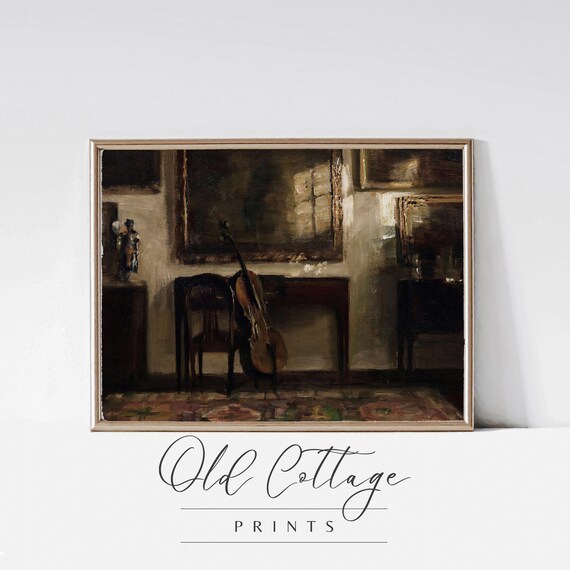 Cello Resting Dark Interior Moody Music Room Oil Painting Poster