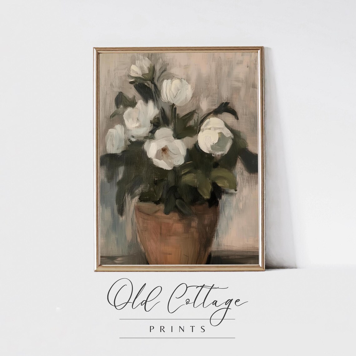 White Roses in Terracotta Pot Soft Vintage Floral Painting Print