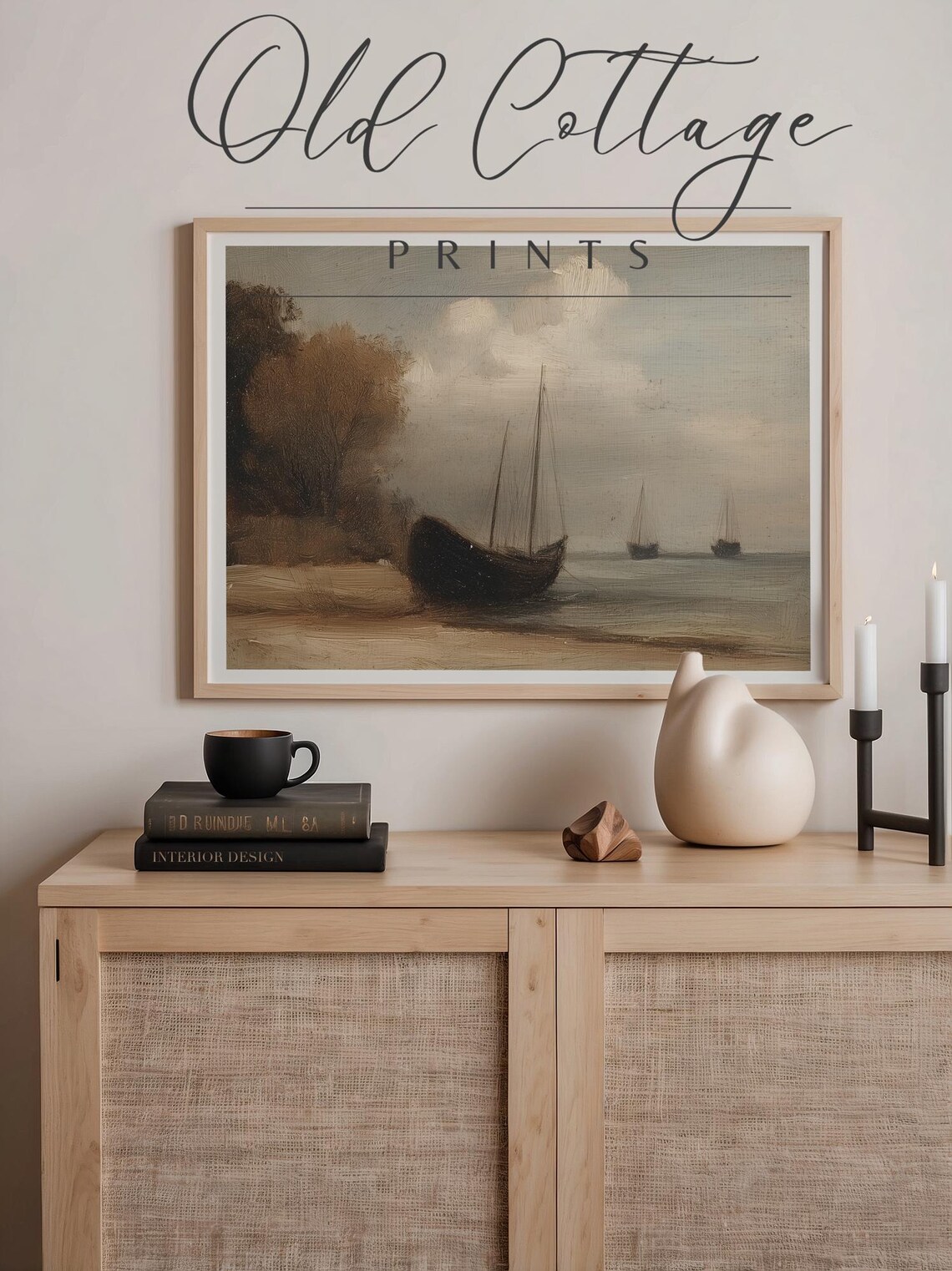 Sailboats on the Shore Muted Vintage Seascape Painting Print - Image 2