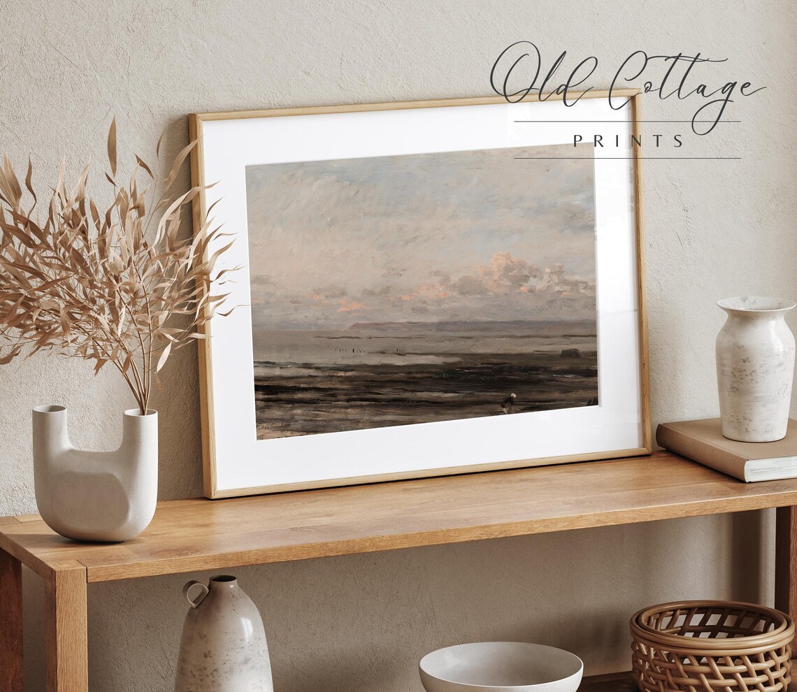 Beach Sunset Pink Clouds Calm Sea Vintage Coastal Painting Poster - Image 4