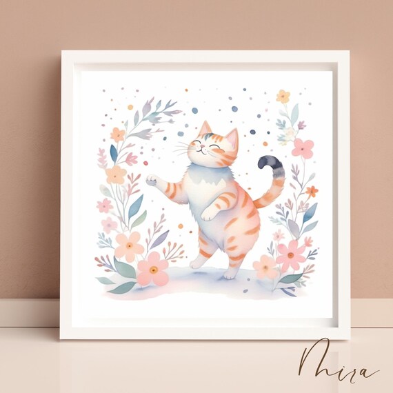 Whimsical Orange Tabby Kitten Dancing In Pastel Flowers Poster