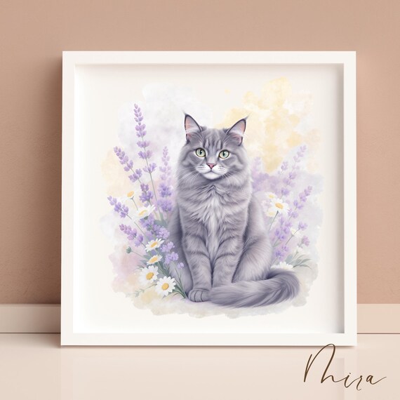 Gray Tabby Cat Watercolor With Lavender And Daisies Art Print