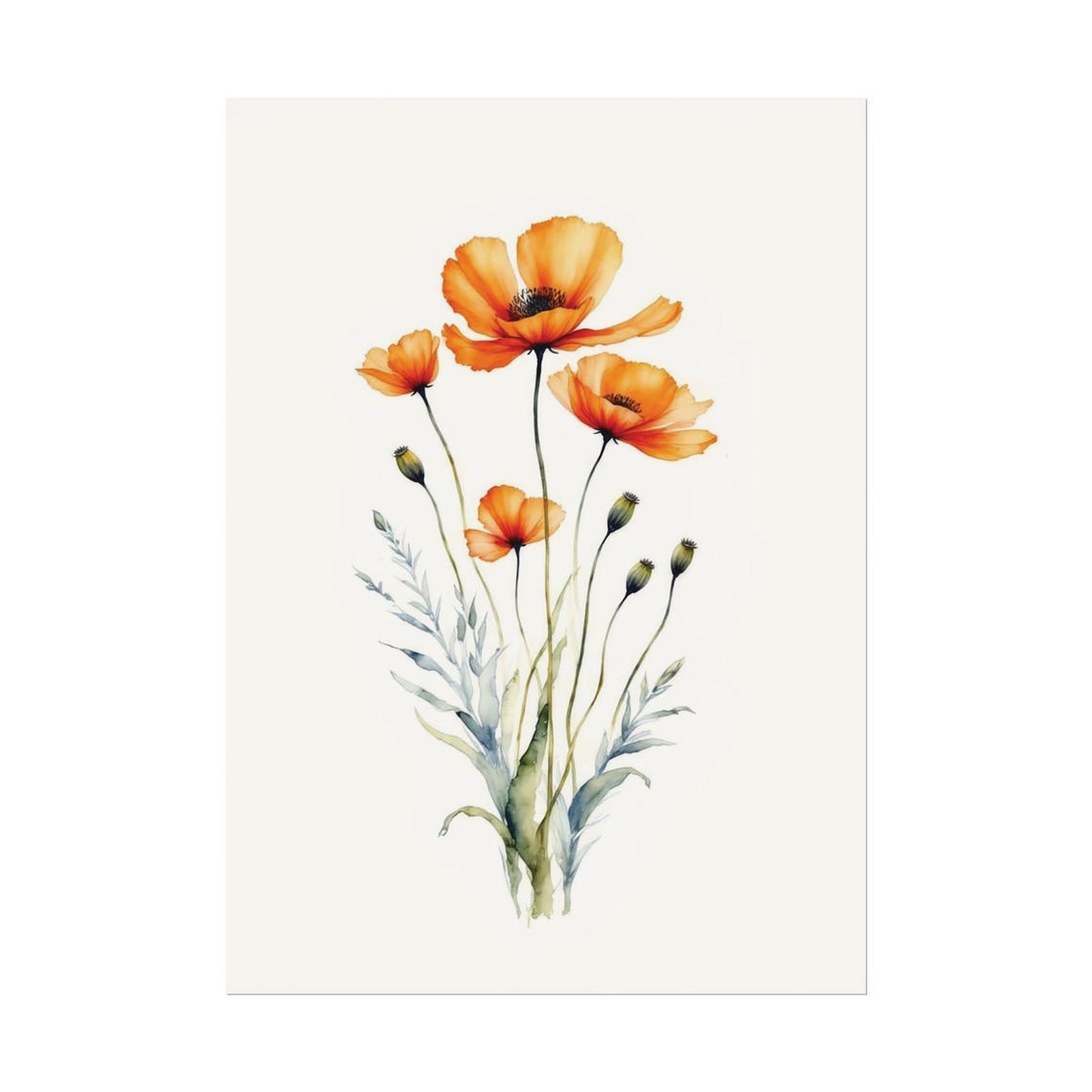 Orange Poppy Sprigs Minimalist Watercolor Floral Bouquet Art Poster