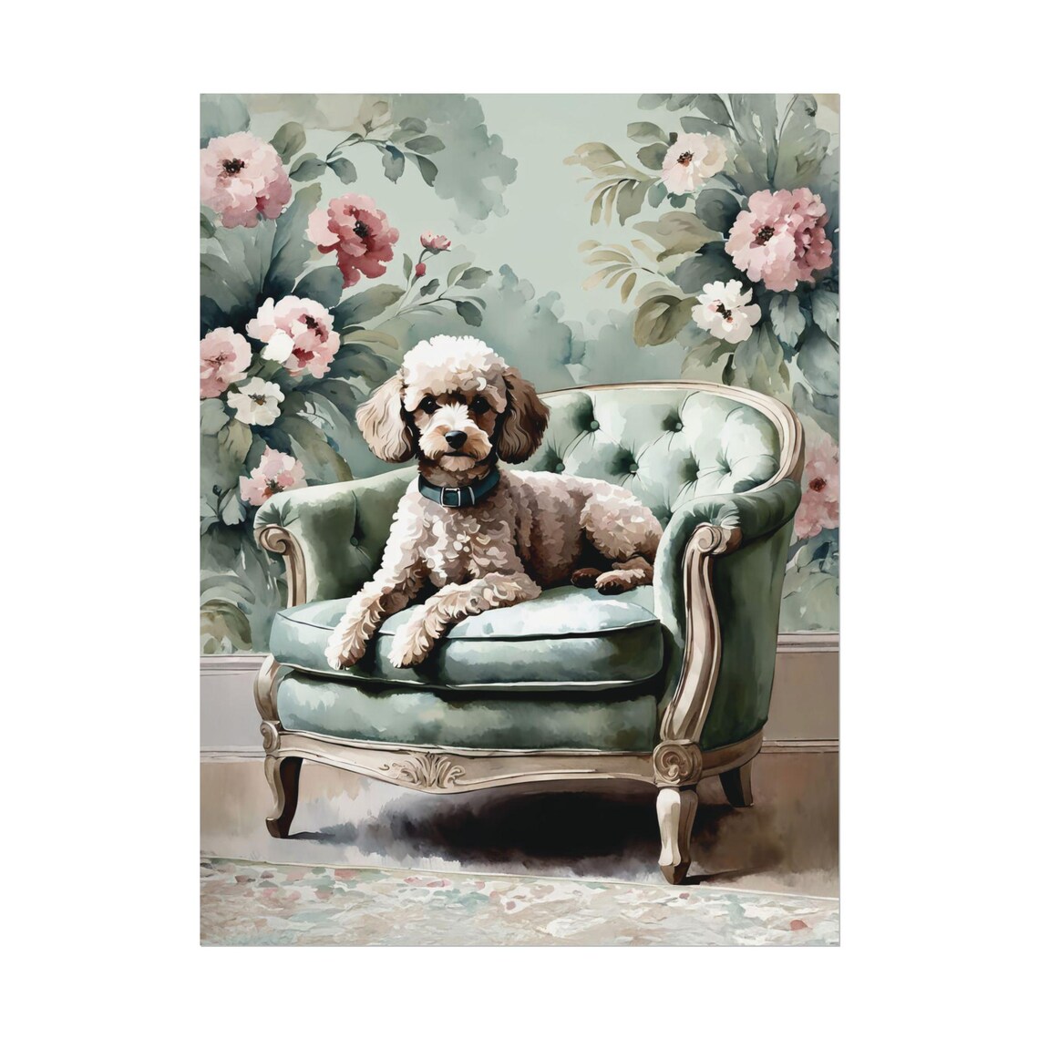 Toy Poodle Sage Green Chair Pink Floral Watercolor Pet Poster