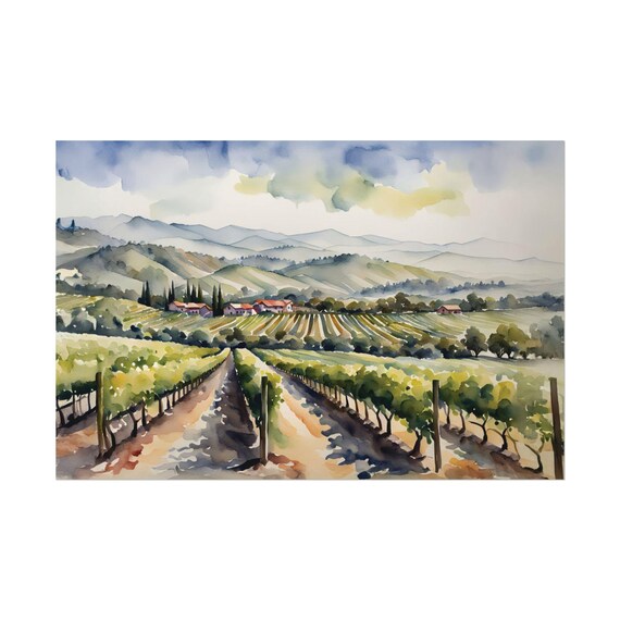 Napa Valley Vineyard Poster Watercolor Wine Country Rows And Hills Art