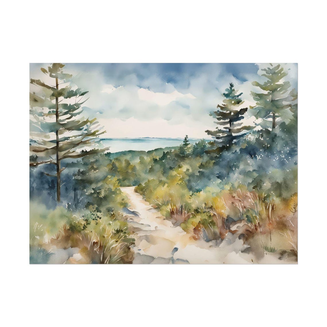 Pine Forest Path to the Sea Coastal Watercolor Landscape Poster