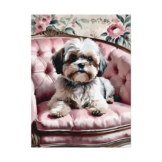 Shihpoo Art Print Pink Floral Wall Cute Dog Lover Poster Gift Watercolor Painting