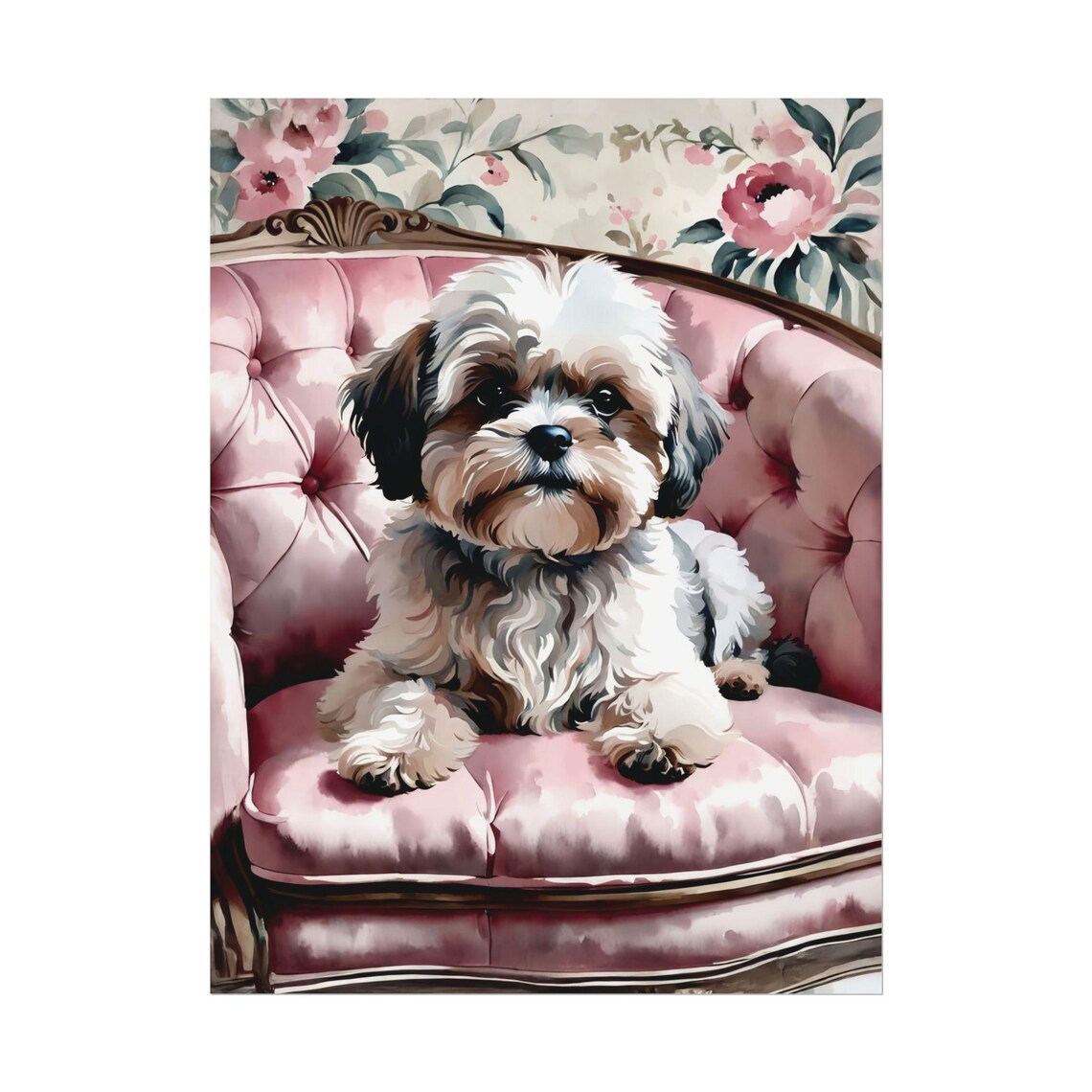 Shih Tzu Puppy Pink Velvet Chair Floral Dog Portrait Wall Art