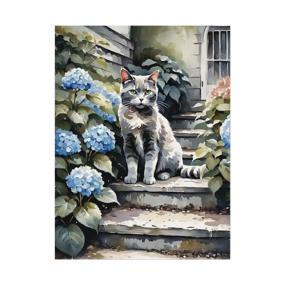 Cute Gray Tabby Cat Watercolor, Hydrangea Garden