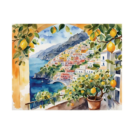 Amalfi Coast Painting Print Lemon Tree Artwork Positano Italian Coastal Gouache Italy Cityscape Wall Art Poster
