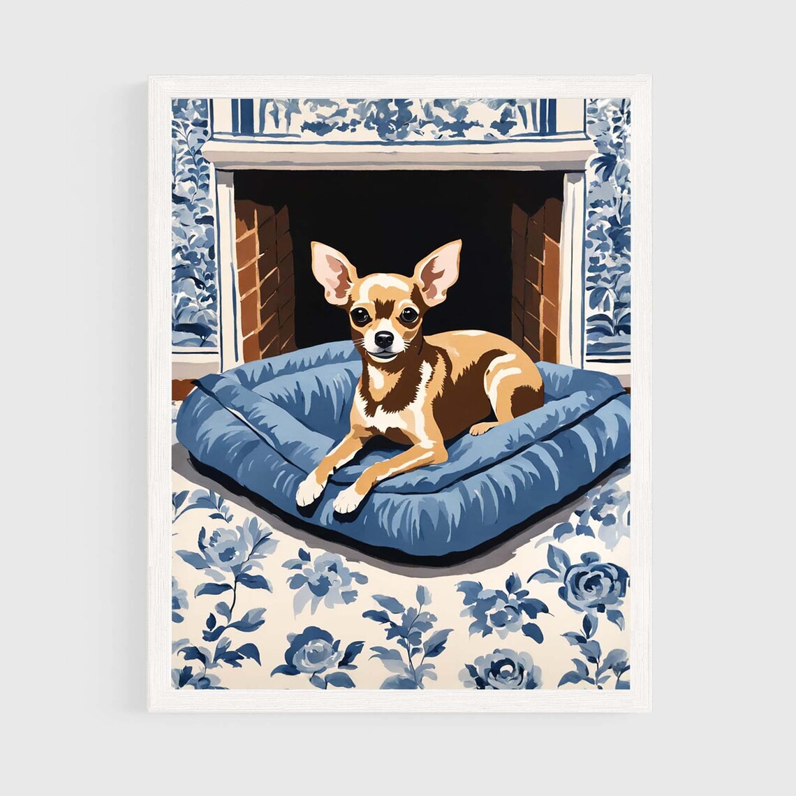 Cute Brown Chihuahua Blue Floral Chinoiserie Fireplace Dog Poster
