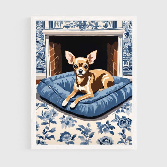 Cute Brown Chihuahua On Dog Bed Art Print Nc191 Blue Floral Chinoiserie Wall Lover Poster Gouache Watercolor Painting