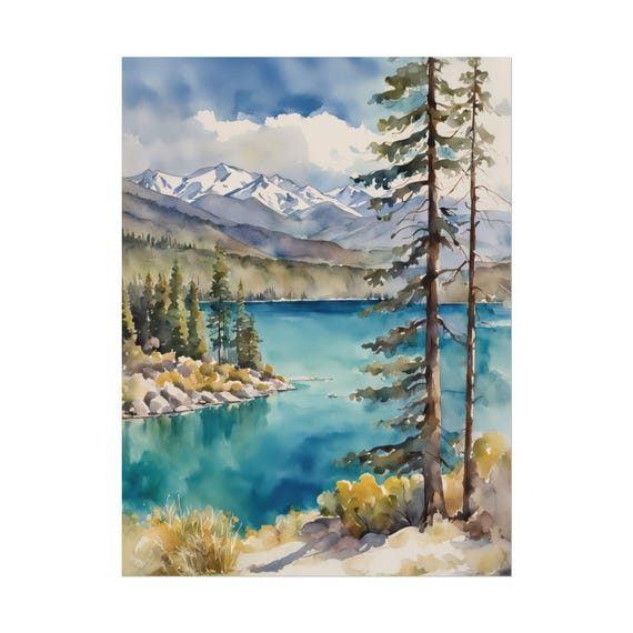 Lake Tahoe Landscape Print Watercolor Painting Turquoise Blue Water Pine Trees Wall Art Giclee Vertical Poster