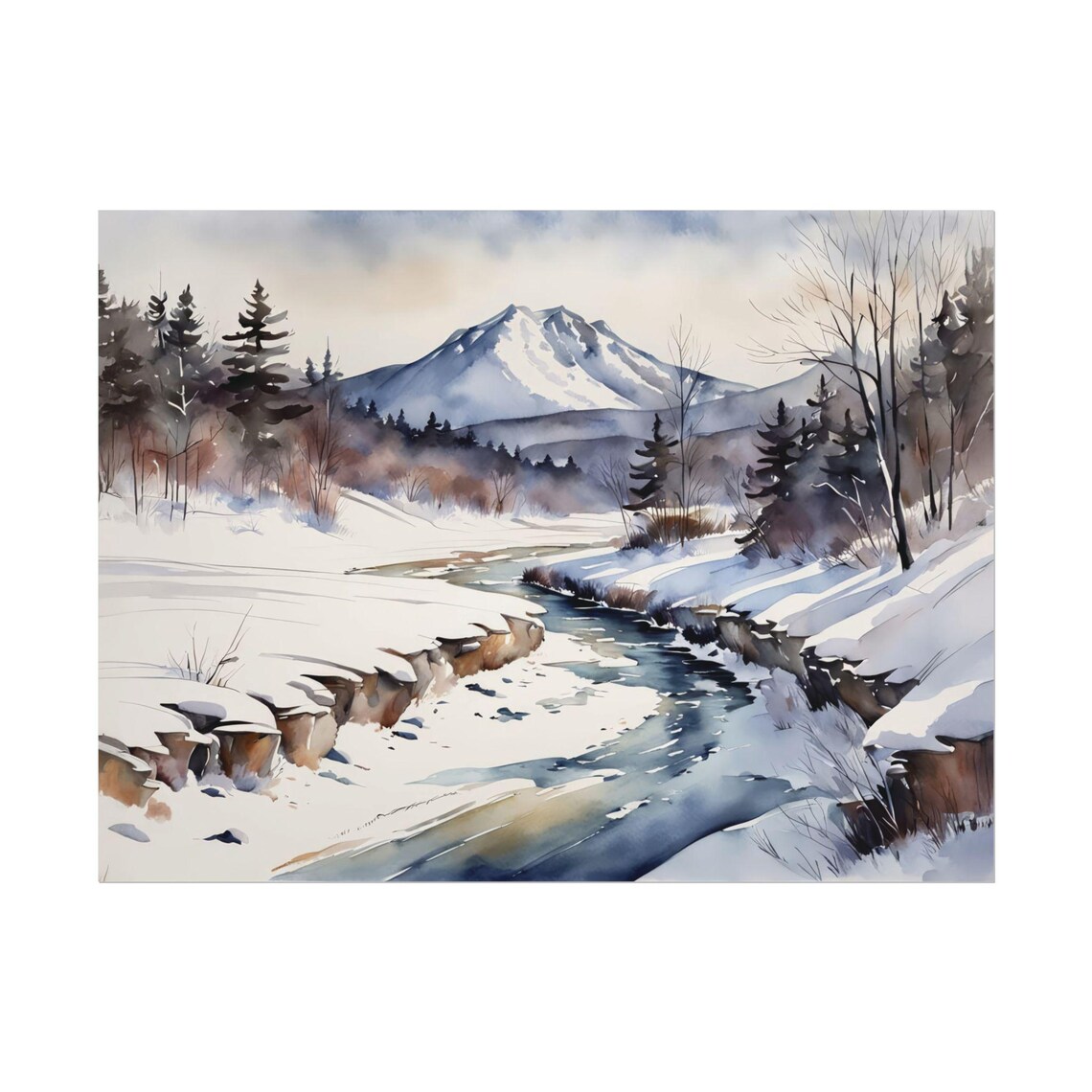 Snowy Majestic Mountain Stream Winter Watercolor Landscape Poster