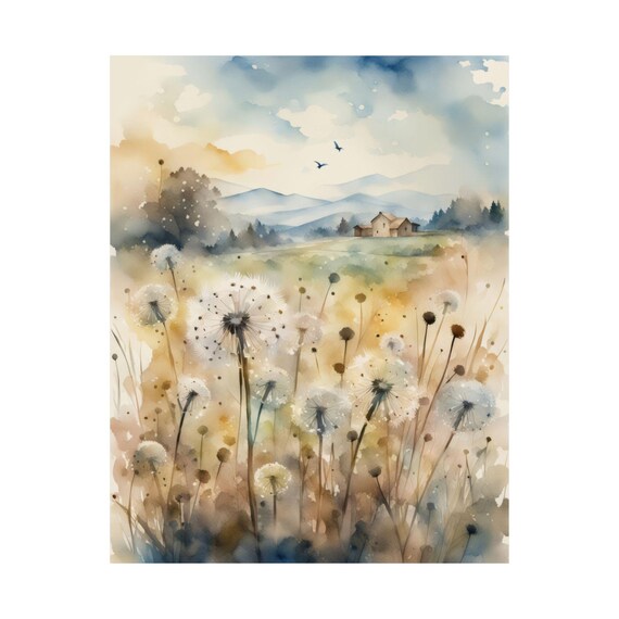 Countryside Farmhouse Dandelion Watercolor Art Print