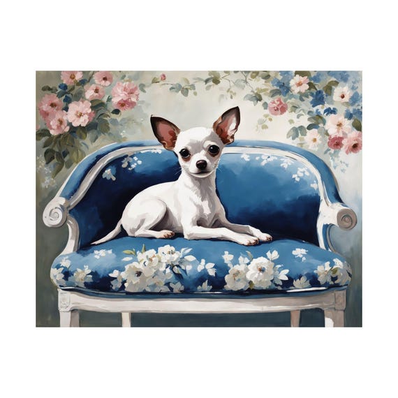 Cute White Chihuahua Art Print Short Hair Dog Lover Gift Blue Floral Chinoiserie Wall Poster Gouache Painting Unique Home Decor