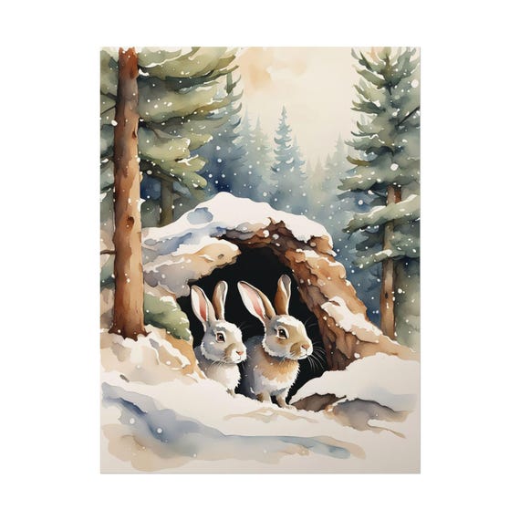 Winter Rabbits Watercolor Art Print Matte Vertical Poster Snow Scene Decoration Evergreen Tree Wall Christmas Holiday Decor Rabbit
