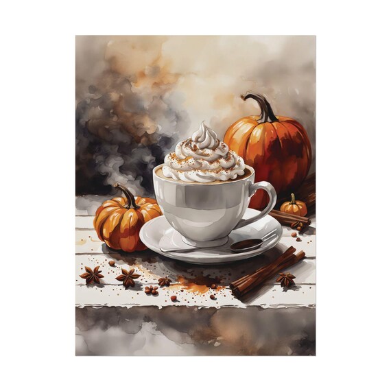 Pumpkin Spice Coffee Kitchen Latte Art Print Cafe Bakery Artwork Vertical Matte Posters