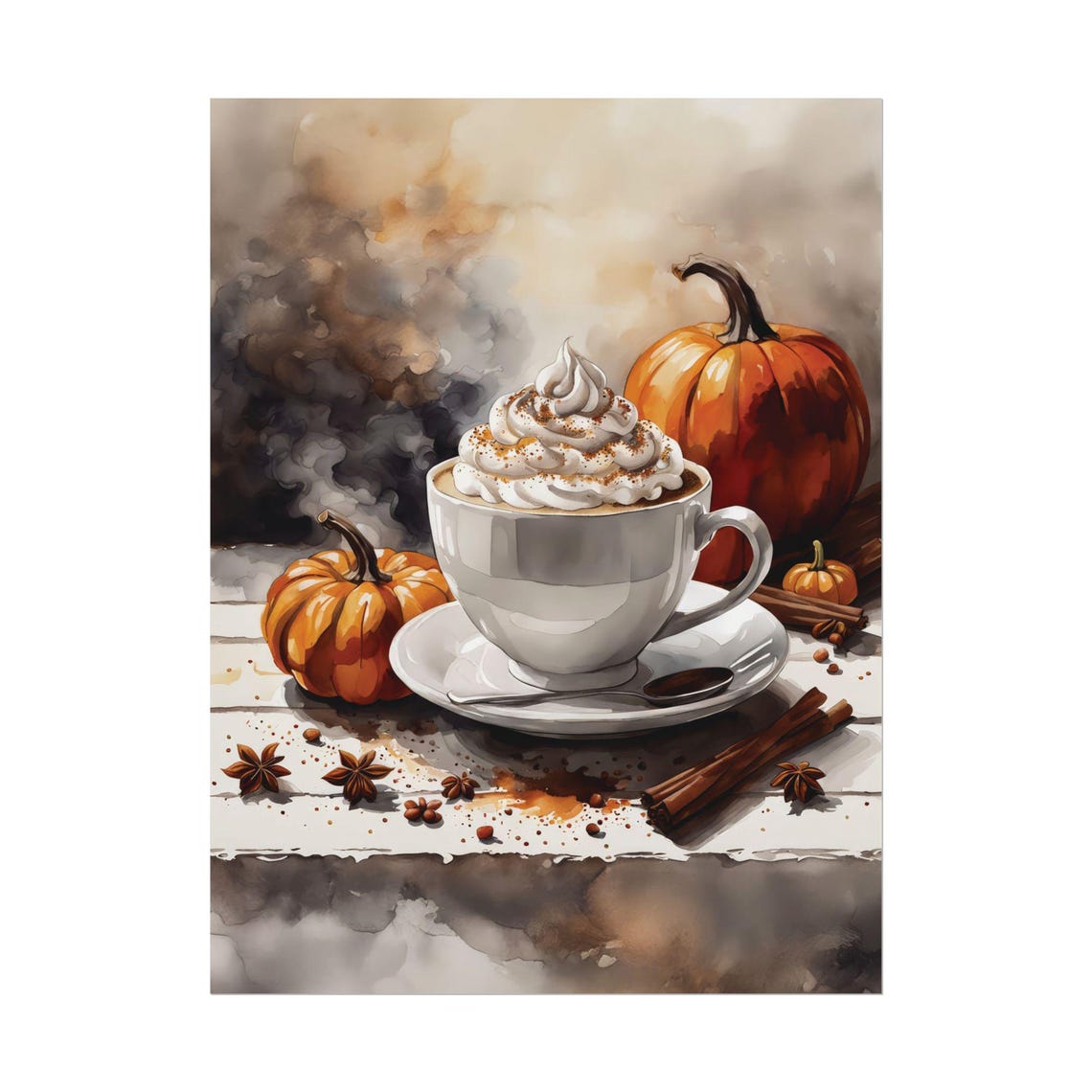 Pumpkin Spice Latte Autumn Coffee Watercolor Cozy Fall Kitchen Poster