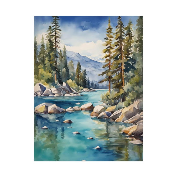 Lake Tahoe Landscape Art Print Watercolor Painting Turquoise Blue Water Pine Trees Evergreen Wall Decor Vertical Poster