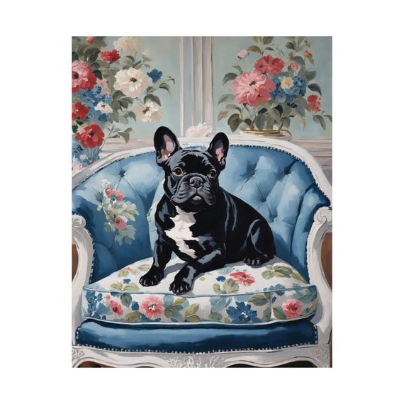 Black French Bulldog Art Print Blue Pink Floral Chinoiserie Wall Dog Lover Poster Unique Gift Watercolor Painting Home Decor