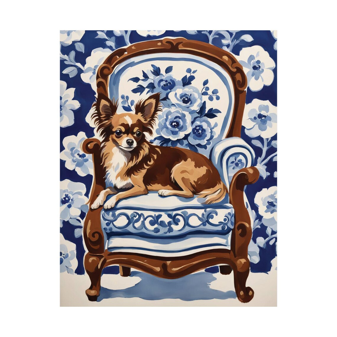 Long Hair Brown Chihuahua Art Print Blue Floral Chinoiserie Wall Dog Lover Poster Gift Watercolor Painting Home Decor Unique