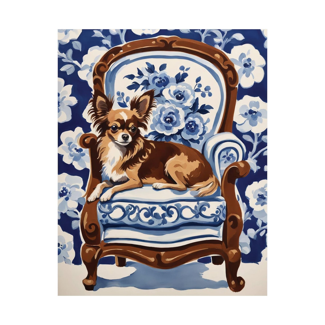Long Hair Brown Chihuahua Ornate Floral Chair Dog Portrait Poster