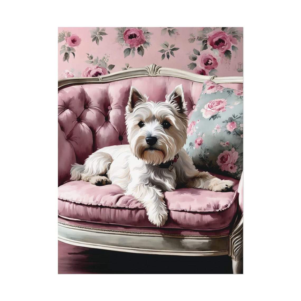 West Highland Terrier Pink Velvet Sofa Floral Watercolor Dog Poster